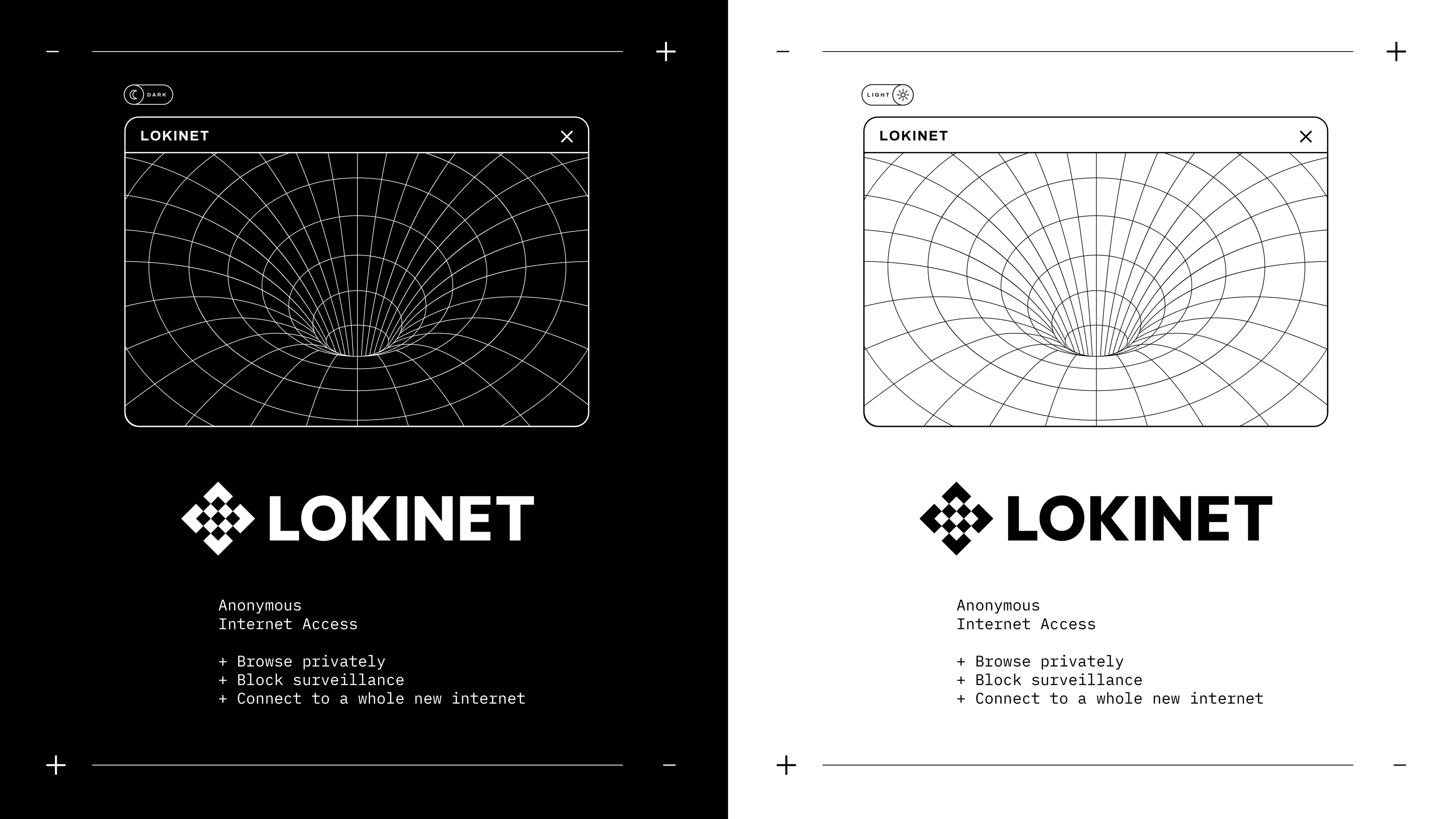 Meet the new Lokinet. Bold in black and white. Pictured are the new light modes and dark modes for the refreshed Lokinet website.